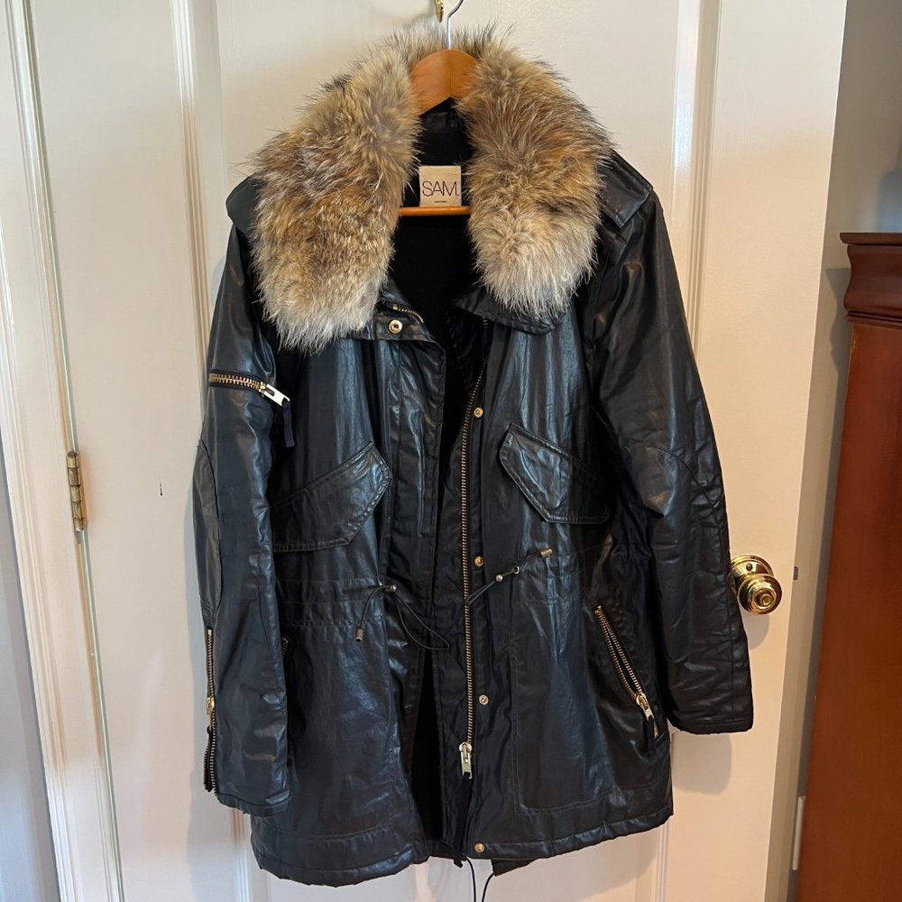SAM. Hudson Waxed Canvas Long Coat Black Parka with Genuine Fur Trim Sz L